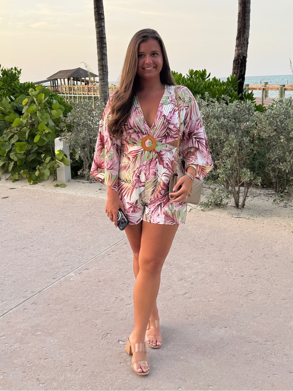 Pink Lily Pink Tropical Wrap Romper with Ring Detail